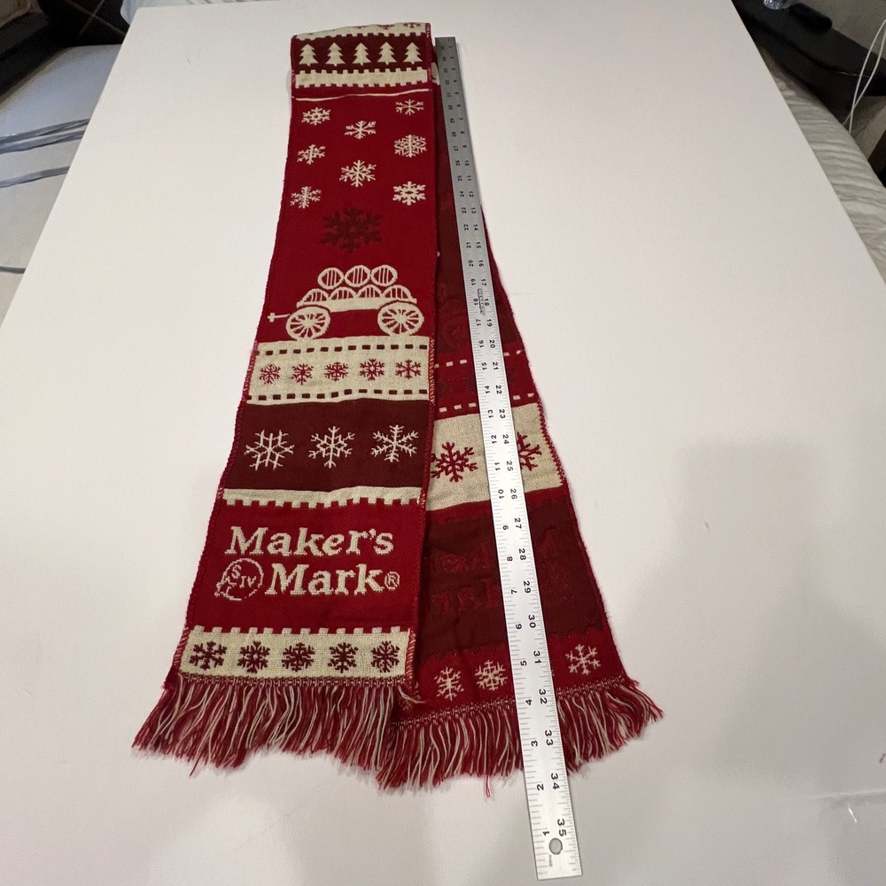Maker's Mark Holiday Winter Knit Scarf Red Snowflake Fringe Whiskey Promo 68"